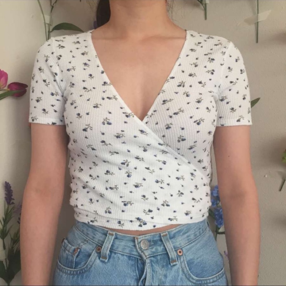 blue flower brandy wrap top